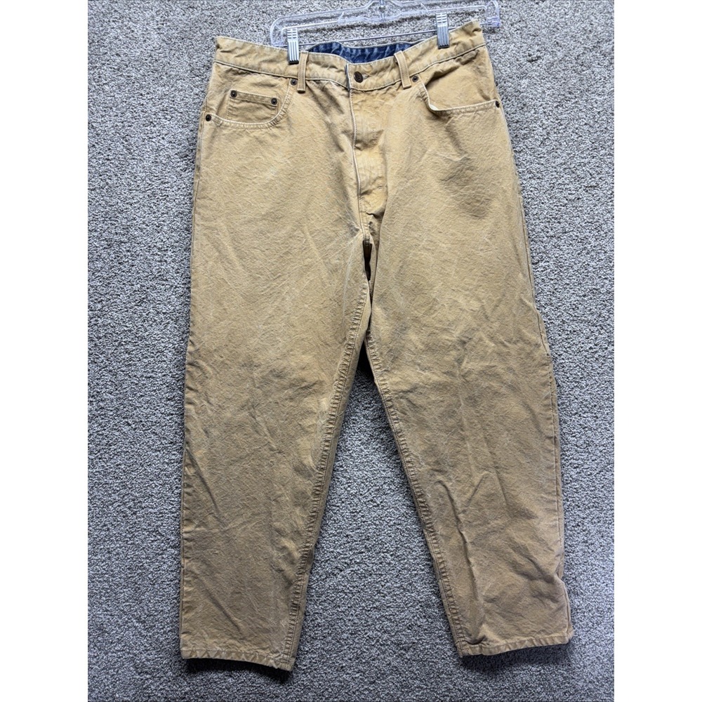 Orvis Five Pocket Canvas‎ Denim Pants Mens 34x28 Tan Stonewash Vintage Made USA
